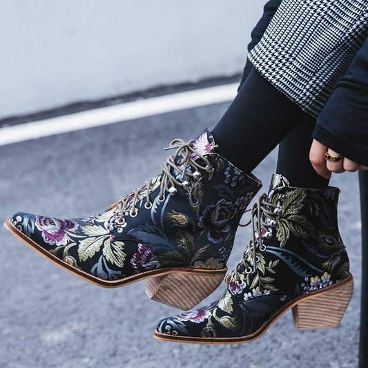 Silky Lace-Up Embroidered Bootie