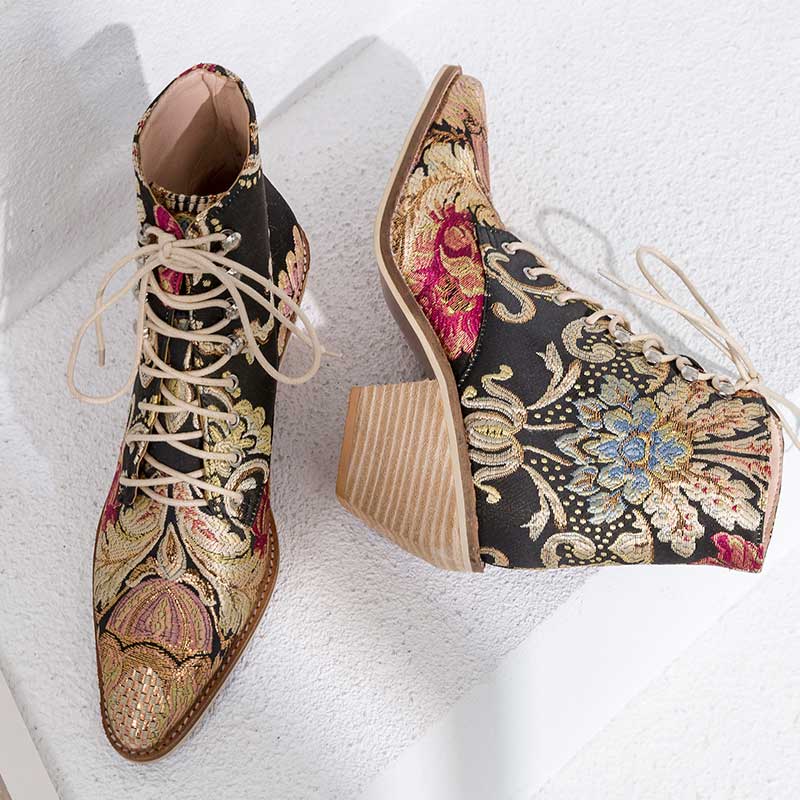 Silky Lace-Up Embroidered Bootie