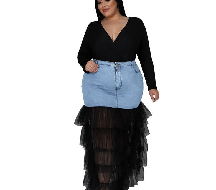 Teared Bottom Denim Maxi Skirt