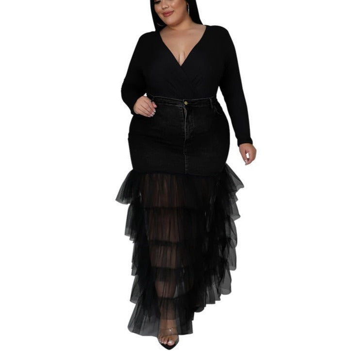 Teared Bottom Denim Maxi Skirt