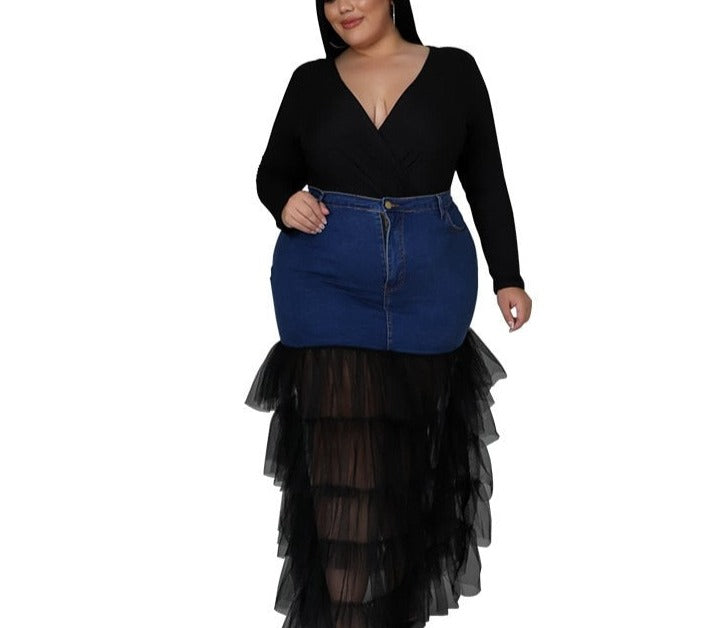 Teared Bottom Denim Maxi Skirt