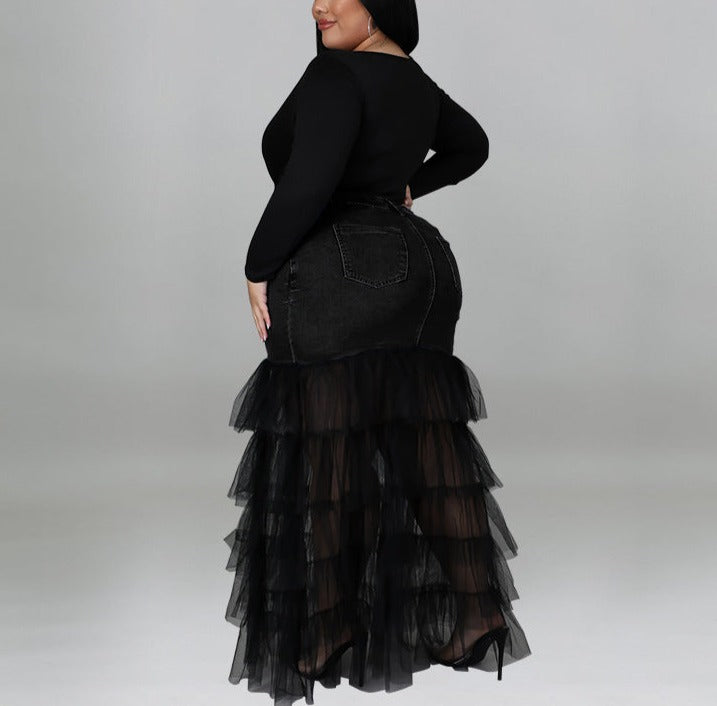 Teared Bottom Denim Maxi Skirt