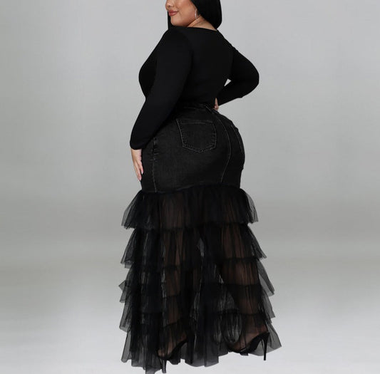 Teared Bottom Denim Maxi Skirt