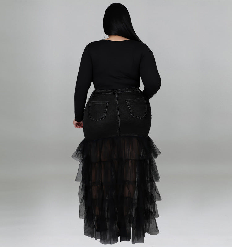 Teared Bottom Denim Maxi Skirt